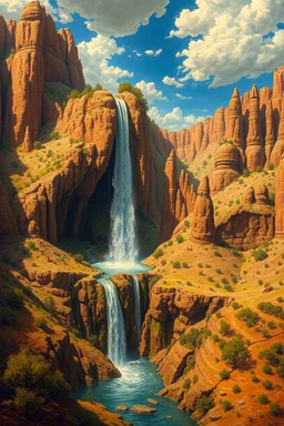 Hieronymus Bosch Style high quality picture waterfall in the desert