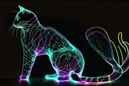 black background, outlines of a full-figure holographic cat, drawn from thin neon-coloured glowing lines