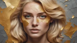 Portrait of beautiful glamorous blonde woman, textured and cracked paintings with golden spots, 3D, 8K, best quality, fine rendering, high detail, hyperrealism, high resolution, high definition, multi-layered, highest focus, hyper sharpness, hyperfocus, vignette
