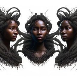 Painting .three women. A mother. Two daughter. Twins. A mother with her children. three young black women. wood nymphs emerging from the forest. Her hair looks like vines. Dreadlocs. Her skin is the colour of dark soil. Her skin looks like tree bark. Her clothing is made of vines, grass and leaves.