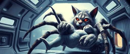 gritty air brush 3d with pen outline, vampire space spider lion cat holding a human in its grip, pin hole cam in doll house space ship