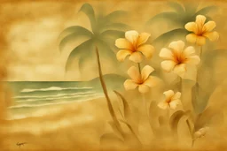 double exposure caricature of a tropical beach, flowers, waterfall musical notes: magical ethereal nature, golden patina, desaturated neutral tones on burlap, dramatic impasto composition that brakes down the boundaries between an effective combination of concept, vision and mastery of medium (Georges Braque:0.7), (Fernand Leger:0.3), set in front of vivid background by Pablo Picasso watercolor and ink, oil on canvas, reflection, mist, sunshine