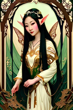 Art Nouveau art style A beautiful as a model asian woodland elf princess who looks like a young Lucy Liu seated on a throne in a mystical forest, photo-realistic