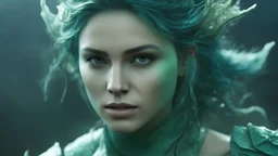 Photoreal gorgeous green-blue triton ranger woman with green-blue scaled green-blue skin in the deep ocean realm by lee jeffries, otherworldly creature, in the style of fantasy movies, photorealistic, bokeh masterpiece smooth shading, ultra detailed, high resolution, cinematic, unreal 6, subtle shadows, octane render, 8k, cinema 4d, HDR, dust effect, vivid colors