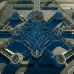 Vista aérea simétrica de un aeropuerto en forma de hormiga, espectacular, impactante, calidad ultra, maximalista, 8k 3D