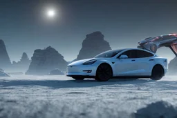 A Tesla 'Model Y' is racing at top speed, on the planet 'Hoth'. CINEMATIC. WIDE ANGLE LENS. PHOTO REAL.