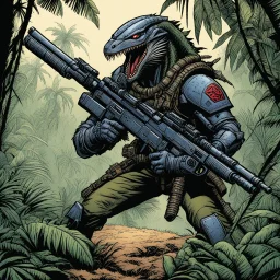 hidden predator [illustration by Kevin Eastman and Peter Laird] in the jungle tactic squadron member trained to kill PREDATORS, helicopterus alien with a lot of mini guns