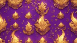 Hyper Realistic Glowing-Golden-Vintage-Patterns on Purple-background with fire-embers on it