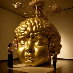 a huge golden inflated sculpture of brain supported by very small beautiful Asian female human bodies,complex surgical instruments,a newborn boy between light and shadow, black background,surrealism, symbolism, minimalism, sculpture by Lucian Freud, Rene Magritte, Salvador Dali