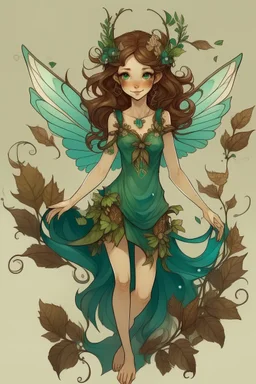 Forest fairy with iridesand teal wings and a cute short leaf dress and pointed ears and multiple vine earings and ear cuffs flying through a mythical forestand brown wavy hair
