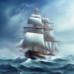 Tall ship, sail, rough sea, clear sky,