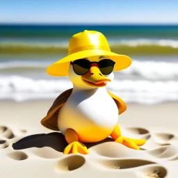 a duck wearing a sunclass on the beach