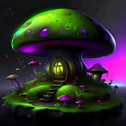 Wonderful spotless mushroom house in space. Floating Island in space. Black, lime and eggplant colored. fine detail oil painting photo realistic hyper detailed perfect composition trending on artstation.