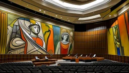 An auditorium in a big city with jazz instruments painted by Pablo Picasso