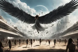 View of a modern Elysium with winged females flying over people running away in fear