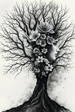 double exposure dry tree with fantasy flowers and profil one fairy face, black and gray and silver watercolor with weet ink, deep dark , surreal, dramatic atmosphere. intricate, stunning textures , mystery. stunning illustration