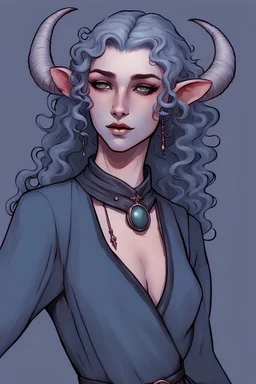A tiefling with blueish grey skin, knee-length hair with long curly horns