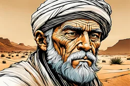 create a front facing, portrait illustration of an aged, otherworldly lost nomadic wanderer with highly detailed, sharply lined and deeply weathered facial features in a dusty ruined desert oasis in the comic art style of Enki Bilal, precisely drawn, finely lined and inked in arid desert colors