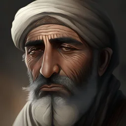 Arab man, hooked nose, grey beard, brown eyes, short hair, short moustache, detailed skin, fantasy, turban, sad