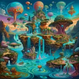 dreamlike landscape with floating islands, upward-flowing waterfalls, and celestial bodies in the sky. Include unexpected elements like melting clock faces and whimsical creatures, emphasizing a surrealistic aesthetic, full shot perspective with vibrant colors and intricate details.