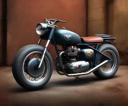 technical design study, oldschool 1960s triumph bobber bike, ratrod style, short tailpipe, stylized garage interior background, hdr, uhd, 8k, dof, center camera, perspective view, pivot on triumph, by tom fritz