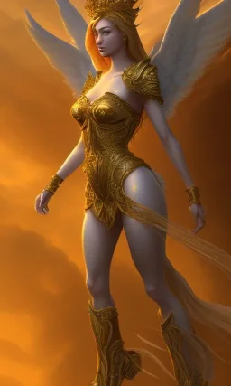 Female angel with big wings and golden crown floating above the ground in the dark, michelangelo style, detailed, world of warcraft style