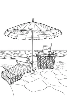Outline art for coloring page, SHORT SQUARE WICKER PICNIC BASKET WITH HANDLES SET ON A RECTANGULAR BEACH TOWEL. UNDER A TALL BEACH UMBRELLA, HAWAII BEACH, coloring page, white background, Sketch style, only use outline, clean line art, white background, no shadows, no shading, no color, clear