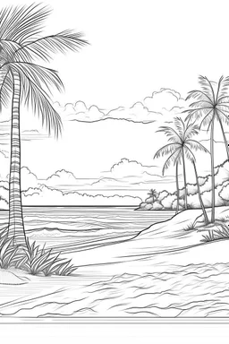 high resolution "realistic", 2D line art design, white background, "sandy beach with trees" clean sky, for coloring page, smooth vector illustration, monochrome,