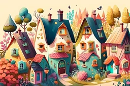 Village illustration, realistic, detailed, illustrative, childrenbook style, colorful houses, each house it's own color, cute plants