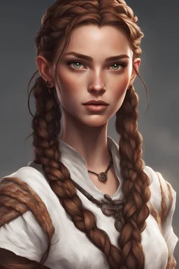Generate a dungeons and dragons character with brown hair, beautiful woman, with freckles and black eyes. Make her hair in braids