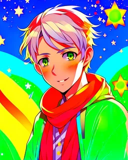 Boy, short white hair, wears a green shirt with yellow stripes, wears a red scarf, has light green eyes, his shirt has a star print, around him, uses star power in his hands, background with various colors and stars, HQ anime manga drawing style