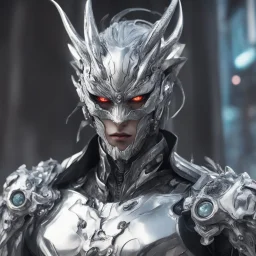 silver skinned anime Dragman cyberpunk with dragon mask in his eyes