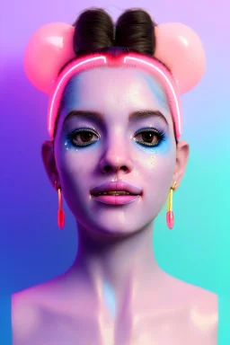 Ultra Realistic image, Rosalía artist, smile portrait, waist up portrait, long black eye line, sweet face, gold pink and blue geisha style, spray glow make up, led lights, neon, led piercing nose, glossy pink teeth, led ornament, fog, oversized bubble latex coat, vibrant color, highly detailed, art stations, concept art, smooth, unreal engine 5, god rays, ray tracing, RTX, lumen lighting, ultra detail, volumetric lighting, 3d, finely drawn, high definition, high resolution.