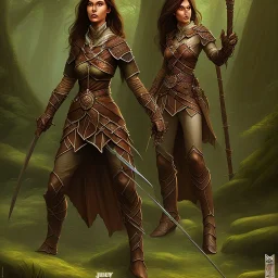 dungeons and dragons, female wood elf, druid, brown hair, brown eyes, full body, realistic face, short hair, large nose, closed mouth, leather armor, dark skin, one person