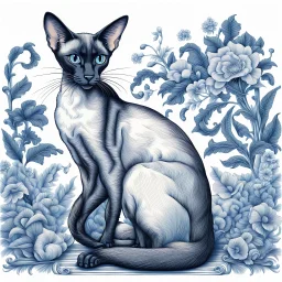 detailed Toile De Jouy style Oriental shorthair Siamese cat sitting in a garden. done in blue on white background