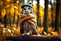 Owl wearing a knitted hat and shawl in the autumn forest