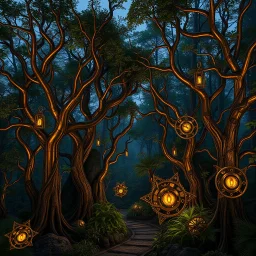 A clockwork forest bathed in twilight, where brass trees tick with gears and glowing vines weave through copper branches. This is the Garden of Practicality — a biomechanical sanctuary inspired by Ix Chel, blending Mayan motifs with steampunk elegance. Lush, mystical, and intricately detailed. Photorealistic style.