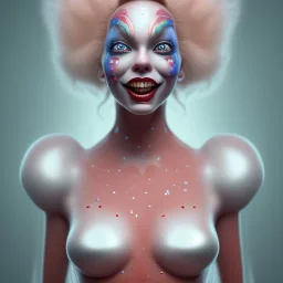 Ultra detailed very beautiful smileing cute clown girl,beautiful real skin, red nose, shallow of dept 3d, symmetrical, ultra detailed curl hair, ambient lighting, ultra detailed face, concept art, circus,party, digital painting, octane render, art by artstation