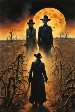 Modern horror Movie poster for text "BLACK LUNG HAY FEVER" by Drew Struzan, author text "S.E. CASEY", by Michael Whelan, small dusty midwestern farm town set barren field afire to exorcise the spirits of two sinister scarecrows whose profiles can be seen in the distance, eerie, uncanny, ghastly surreal horror, digital collage art. double exposure effect, dark colors, dramatic, text "BLACK LUNG HAY FEVER"