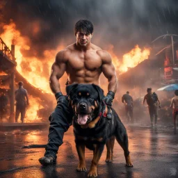 Hyper Realistic photographic-view of Handsome-&-Muscular-Shirtless-Happy-Male-Firefighter-black-hair Saves an adorable Rottweiler from a heavy-fire in an amusement park with destruction & burned-marks-everywhere at dark-rainy-night showing dramatic & cinematic ambiance.