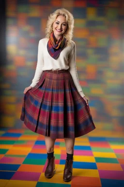 multicolored, neon lit, tiled floor and walls -- smiling 18-year-old Dolly Parton, short, pleated, plaid wool skirt, cotton blouse, a wool sweater, oxford shoes, and a neck scarf, professional quality studio 8x10 UHD Digital photograph, multicolored spotlight, Photorealistic, realistic stock photo,