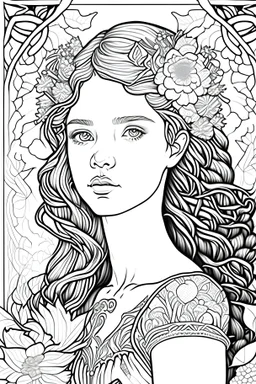 Design a coloring page showcasing a girl with shewin-gum embellished with floral motifs.black and white