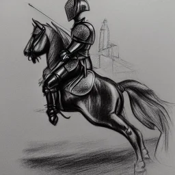 line pencil sketch from side, little knight on the horse in armor with lancet charging