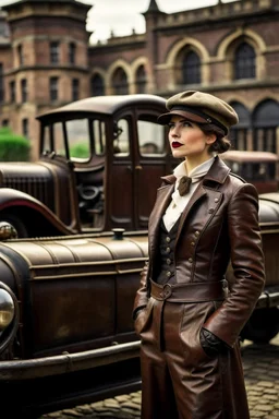 young woman with straight shoulder-length hair, dressed in brown leather trousers and waistcoat, leather gloves and a fascinator in an old industrial courtyard, next to a steampunk steam car on a summers day