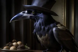 crow portrait in victorian clothes and eating chocolates