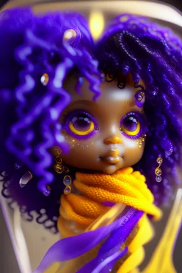 a cute see through glass doll, purple heart inside see through body, yellow scarf, curly black hair, 4k ultra realistic