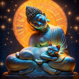 the style of Gustave Klimt, a Siamese cat sleeping in the lap of a sitting stone statue of a Buddha, completely relaxed. Modifiers: elegant dof photorealistic beautiful dynamic lighting 4K 3D cinematic postprocessing acrylic art focused stars neon glowi