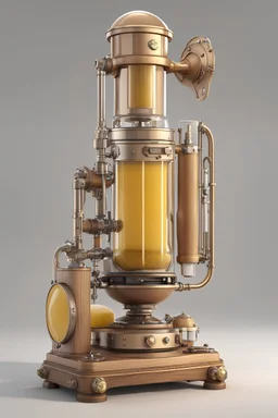 Realistic 3D rendered juicer machine in steampunk style, front view, shinny bronze, cogs, tap with liquid flow, liquid tap, wooden chamber, wooden handle, analog gauges, fresh light yellow, hydrolic system, futuristic, simple and clean, 8k post-production, artstation: award-winning: professional portrait: atmospheric: commanding: fantastical: clarity: 16k: ultra quality: striking: brilliance: stunning colors: amazing depth