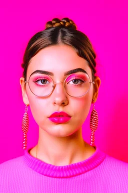 Very pretty girl behind a plain pink background with braided hair wearing glasses and earring