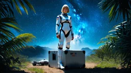 A photorealistic image of an adventurous woman from the future, dressed in a tailored, full-body spacesuit, stands proudly beside her streamlined spaceship on a metal box in a jungle clearing. Her short, untidy, blond hair has bangs. The scene is framed by a cosmic expanse of stars and nebulas.